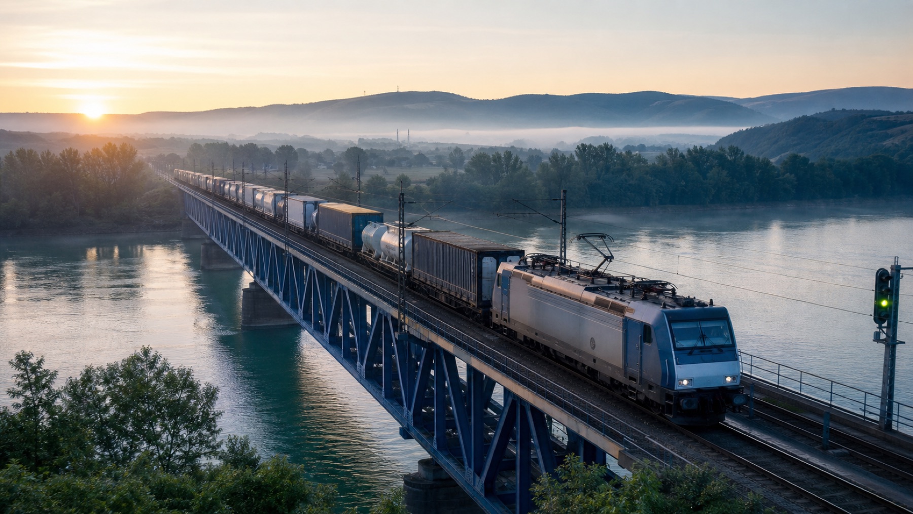 Güterzug überquert bei Sonnenaufgang eine Stahlbrücke über einen Fluss