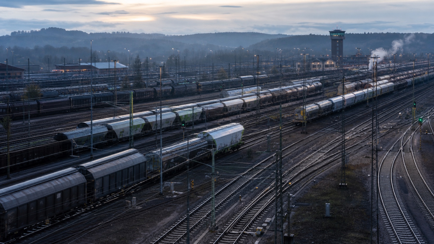 Weite Ansicht eines Rangierbahnhofs mit mehreren Güterwagenverbänden