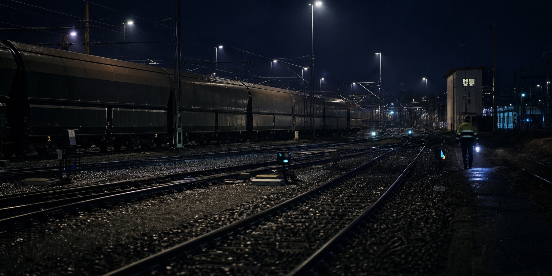 Beleuchteter Güterbahnhof bei Nacht während eines Wagenmeister-Einsatzes