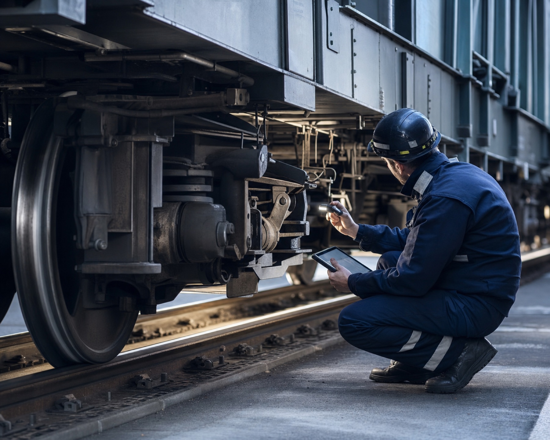 Wagenmeister prüft das Fahrwerk eines Güterwagens mit Lampe und Tablet