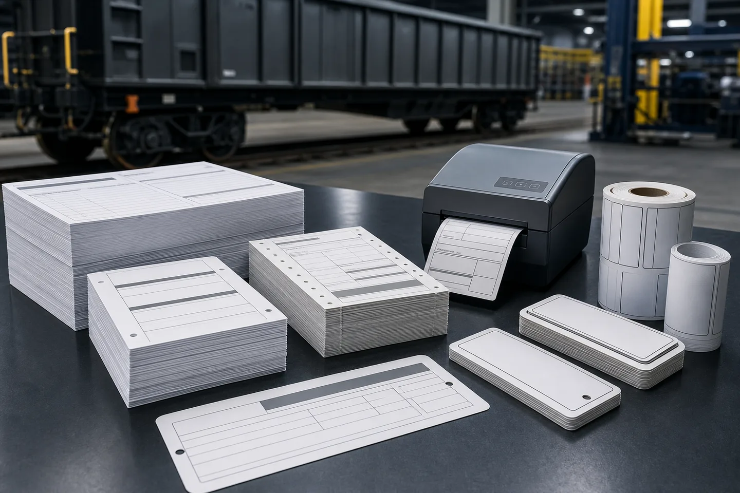 Gedruckte Formulare, Etiketten und Drucker in einer Eisenbahnwerkstatt